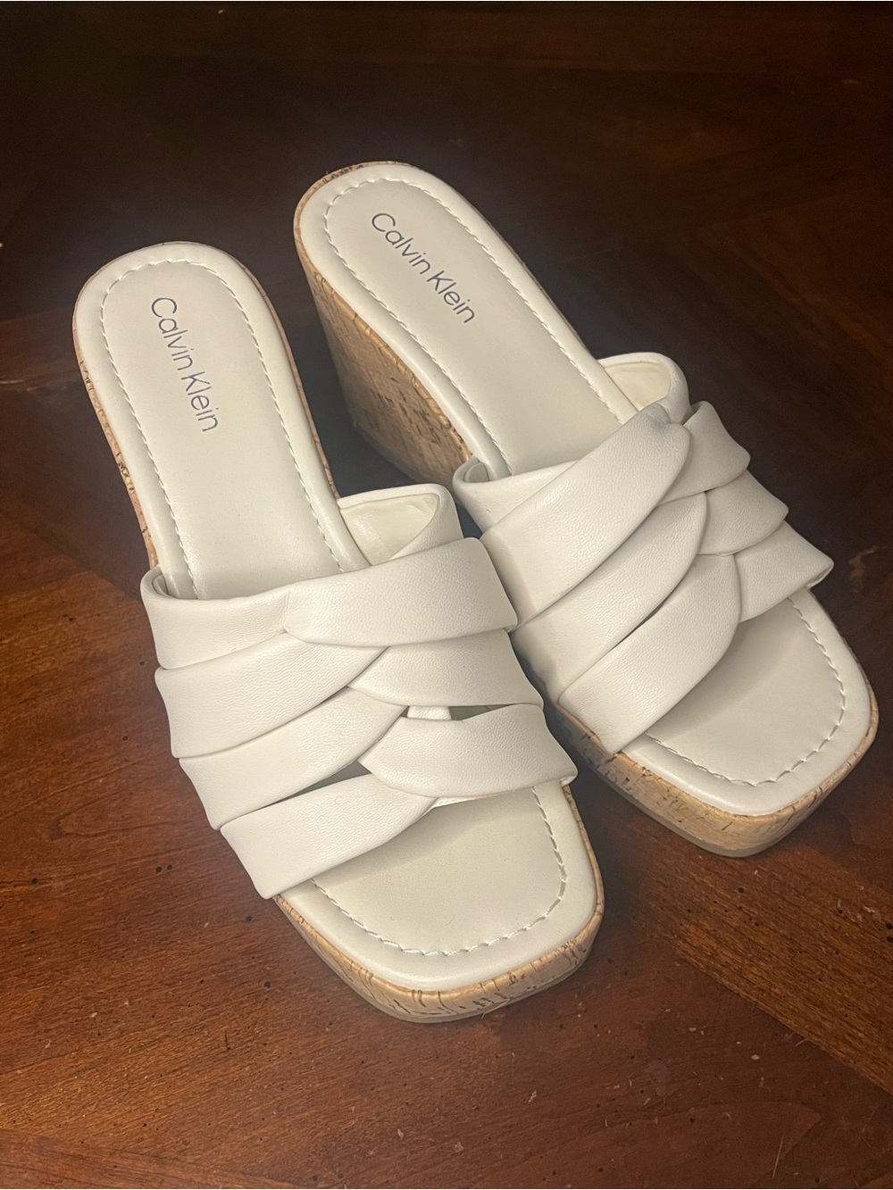 Calvin Klein Cream Braided Slide Cork Wedges